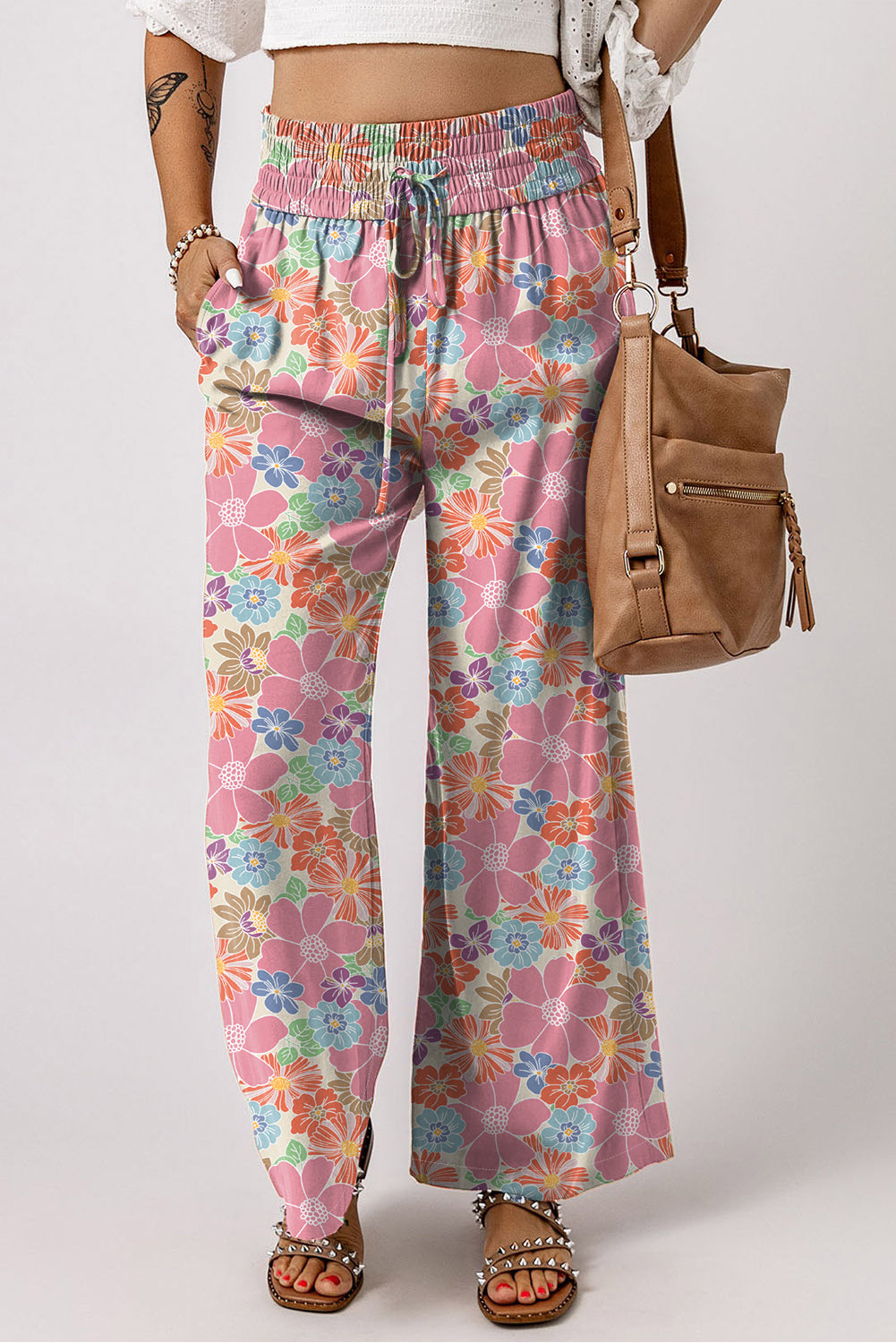 Roze bloemen gesmokte taille losse broek