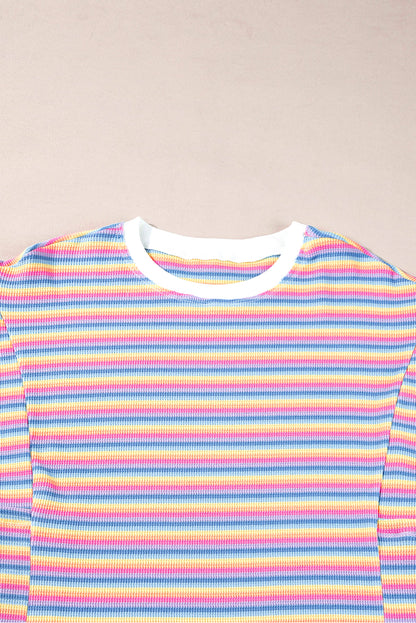 Roze gestreept T-shirtjurk met ronde hals