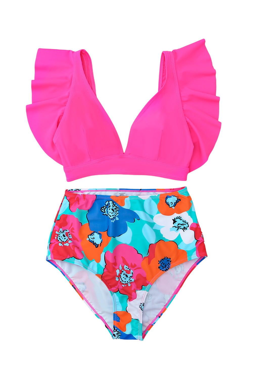 Rozerood bikinibroekje met hoge taille en bloemenprint