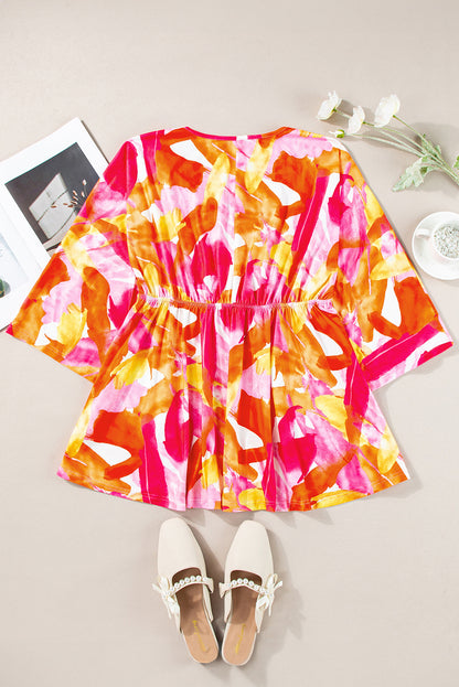 Oranje babydollblouse met abstracte print, 3/4 mouwen en V-hals met ruches