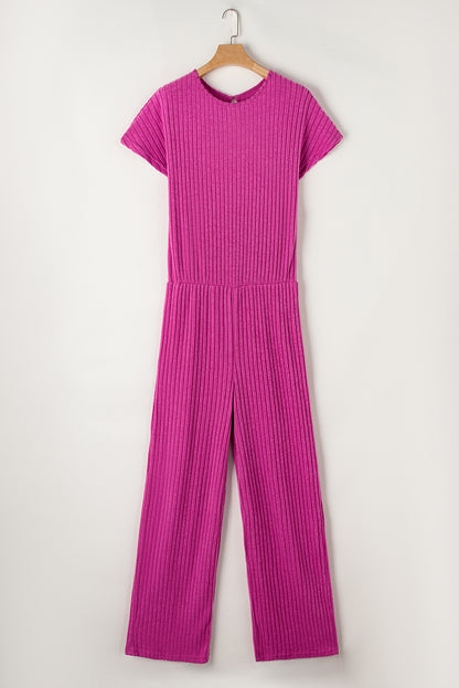 Rozerode effen kleur geribbelde jumpsuit met korte mouwen en wijde pijpen