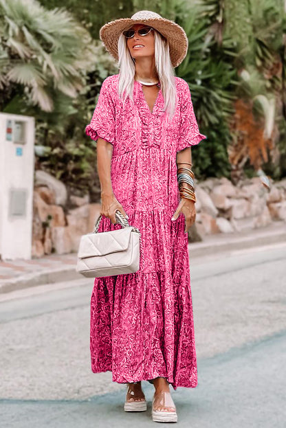 Roze paisley-print Boho Holiday gelaagde maxi-jurk met ruches