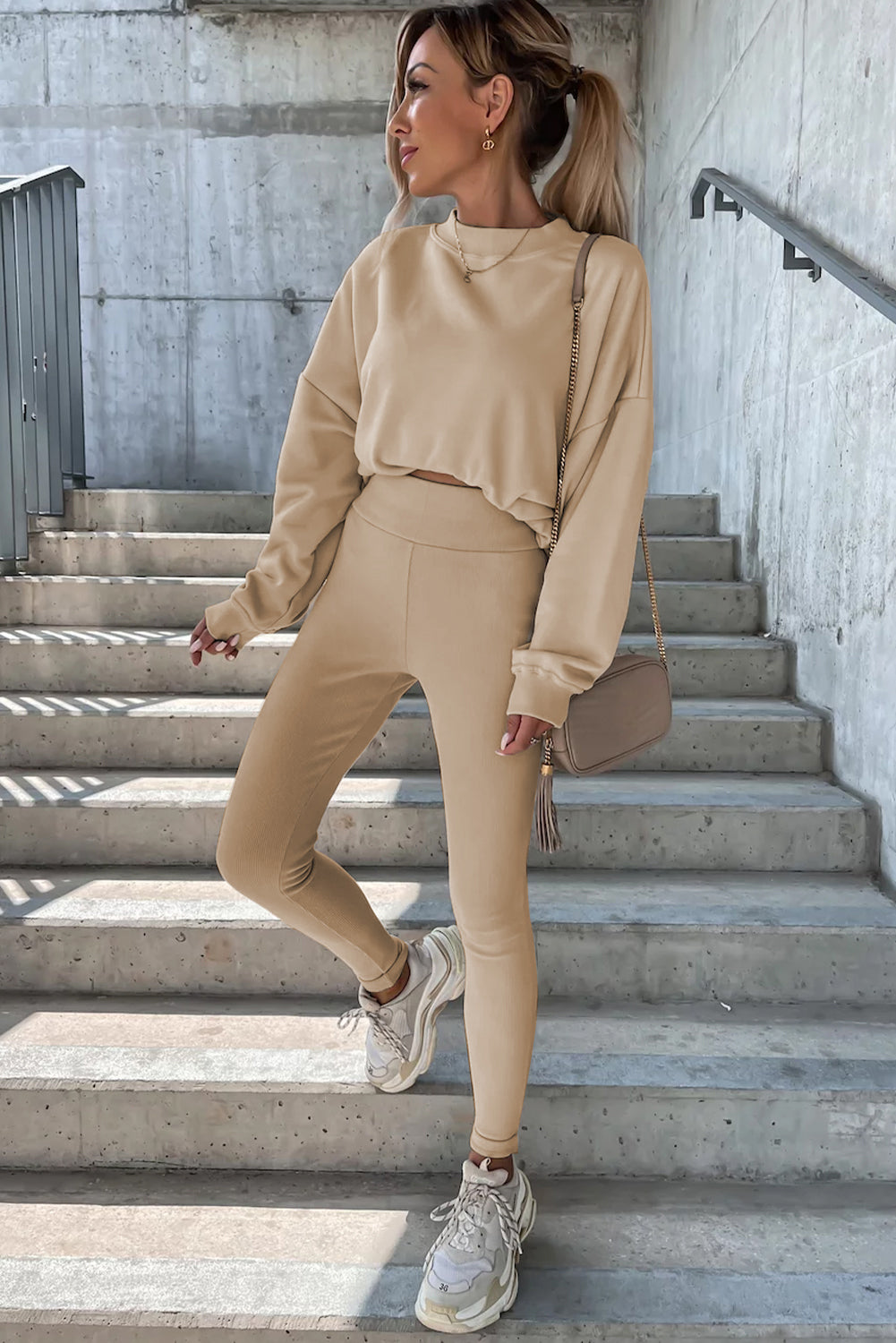 Beige effen sweatshirt en legging, tweedelige set