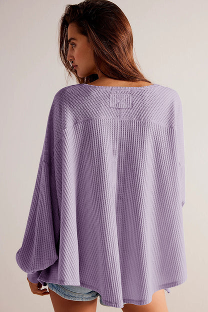 Orchid Petal Waffle V Neck Long Sleeve Drop Shoulder Loose Blouse