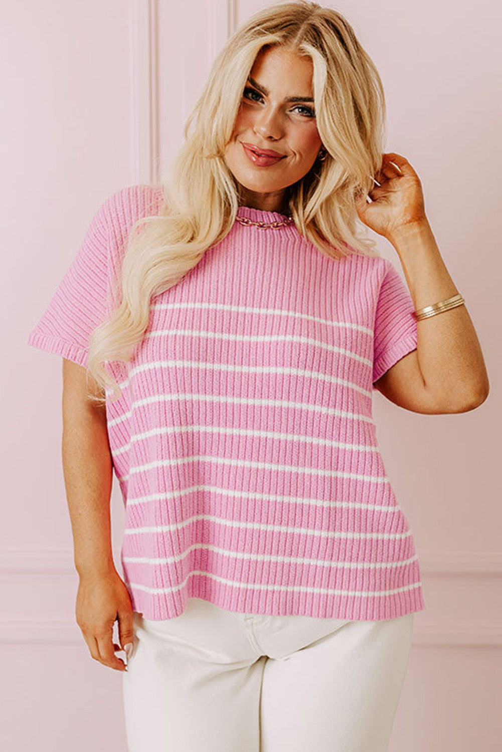 Roze gestreept geribbeld los plus T-shirt