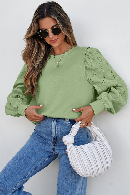 Mist Green Solid Patchwork Sleeve Round Neck Sweatshirt