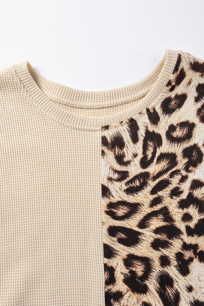 Pale Khaki Leopard Colorblock Waffle Knit Top