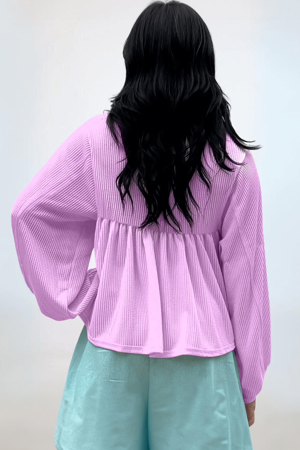 Phalaenopsis Corded Turn-down V-hals Bubble Sleeve Babydoll Blouse