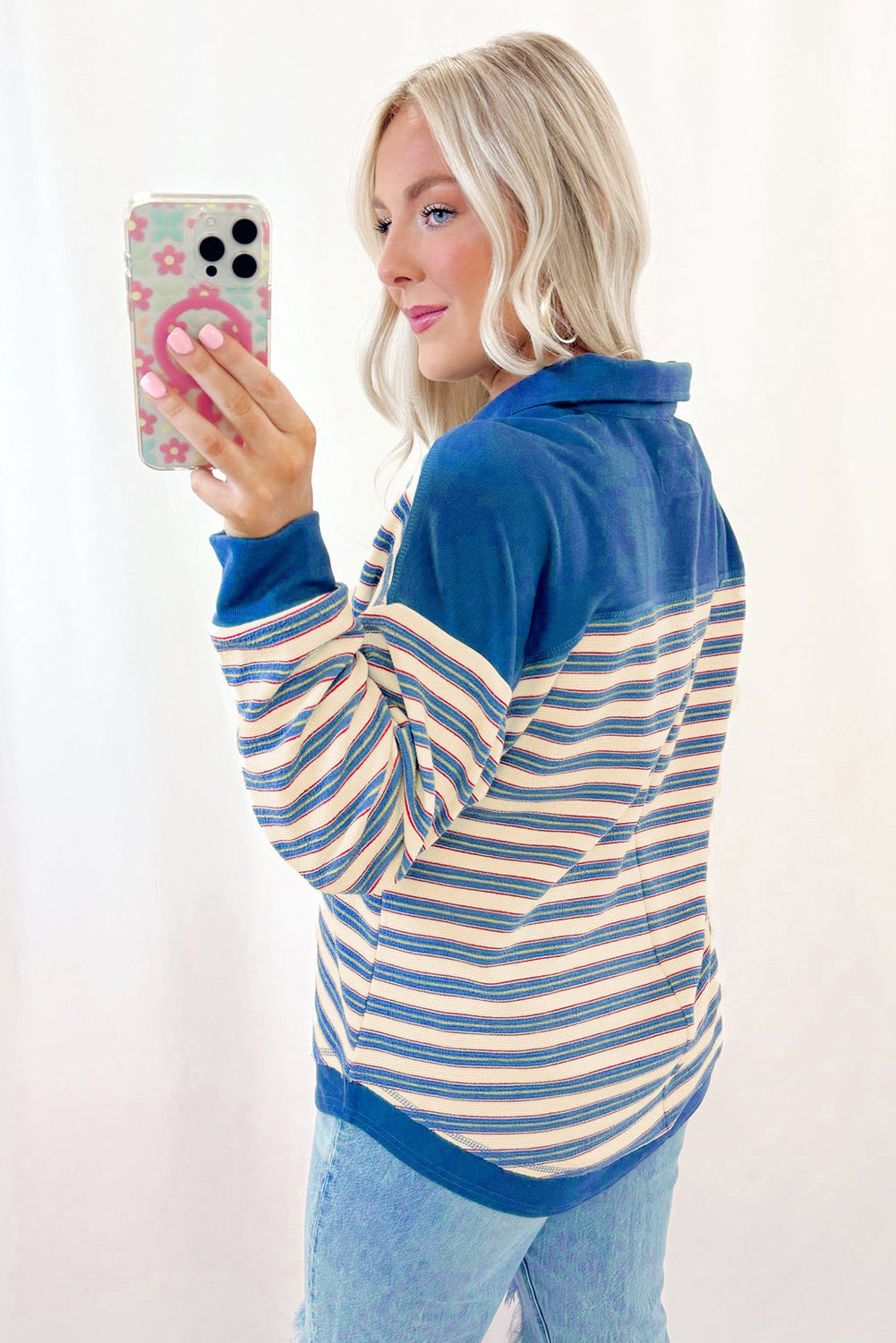 Blue Stripe Buttoned V Neck Collared Drop Shoulder Top