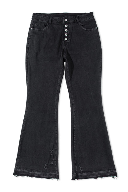 Zwarte flare-jeans met hoge taille en knopen aan de voorkant