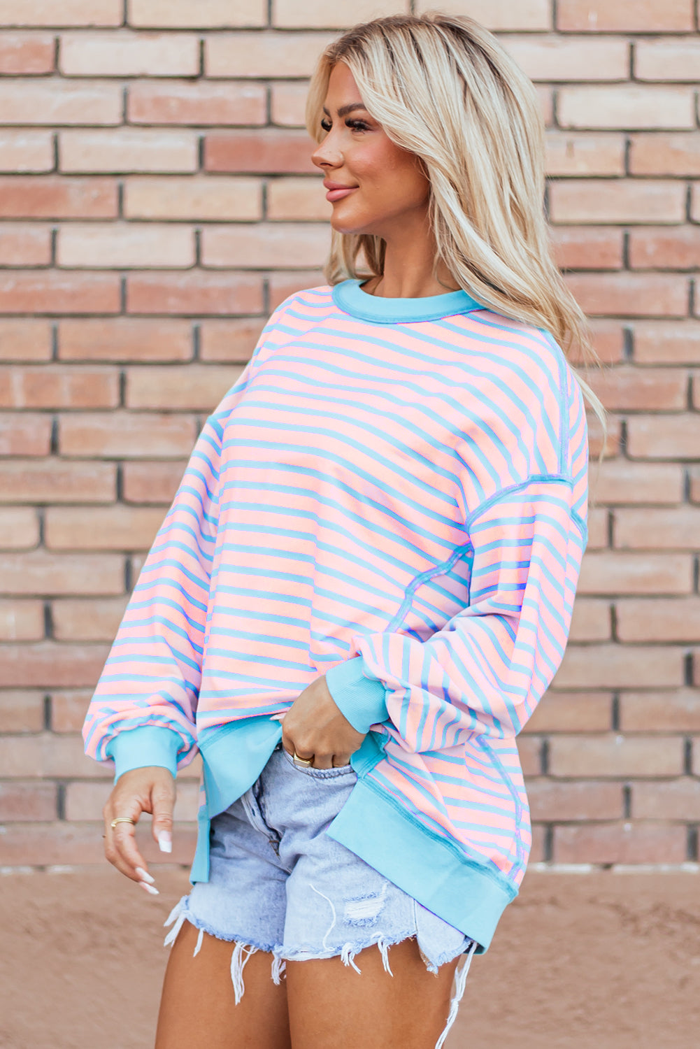 Sky Blue Stripe Contrast Trim High Low Pullover Tunic Sweatshirt