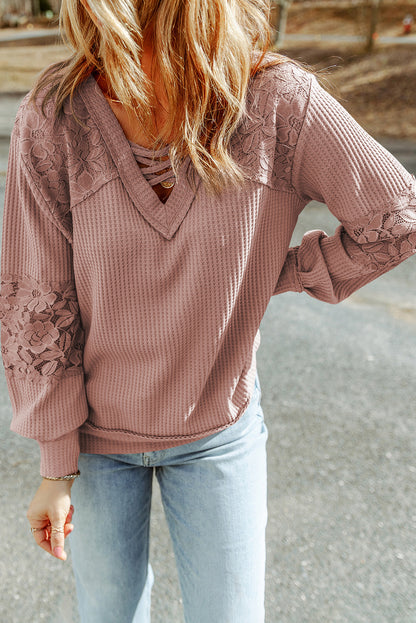 Pink Lace Waffle Patchwork Strappy V Neck Long Sleeve Top