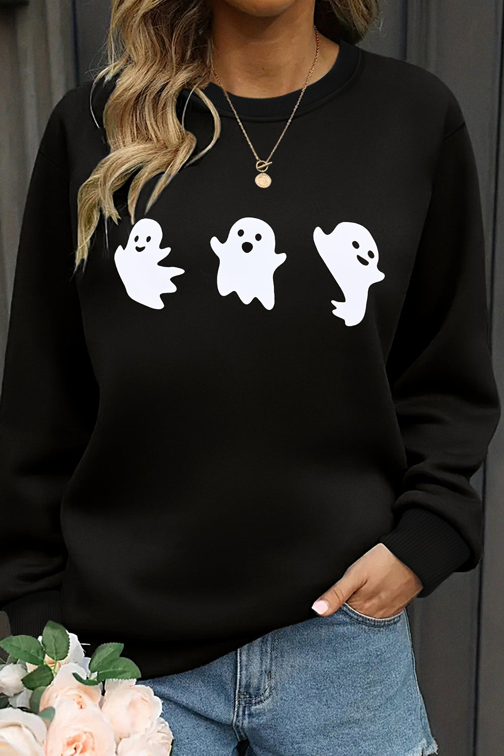 Zwarte Halloween Ghosts Print Ronde Hals Sweatshirt