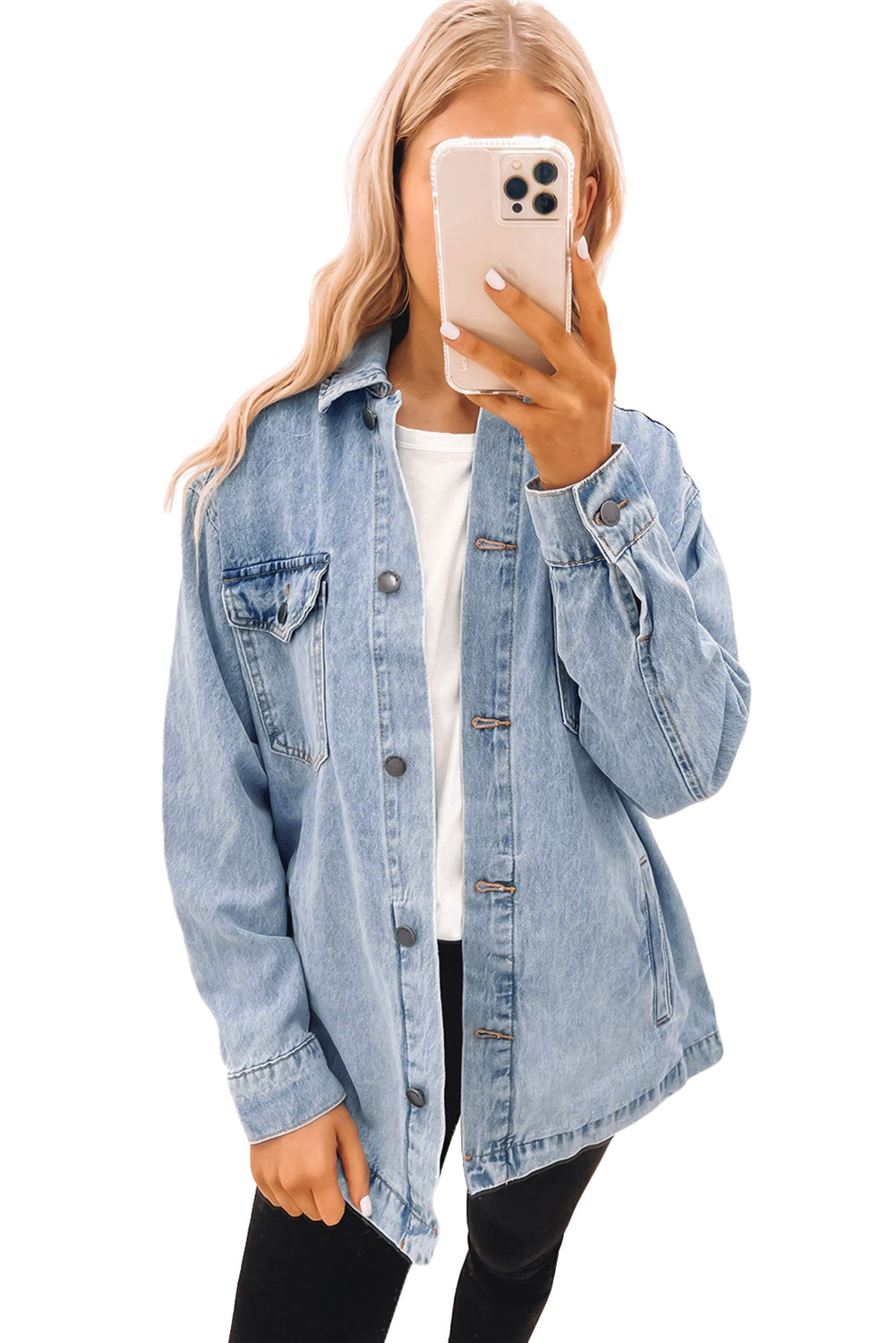 Hemelsblauwe Acid Wash Flap Pocket Boyfriend Shacket