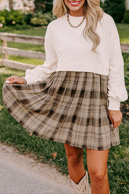 Beige plaid patchwork high taille sweatshirt mini jurk