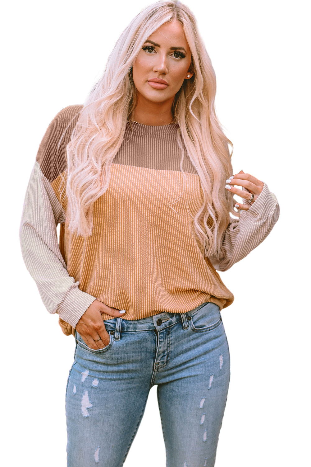 Khaki Color Block Long Sleeve Ribbed Loose Top