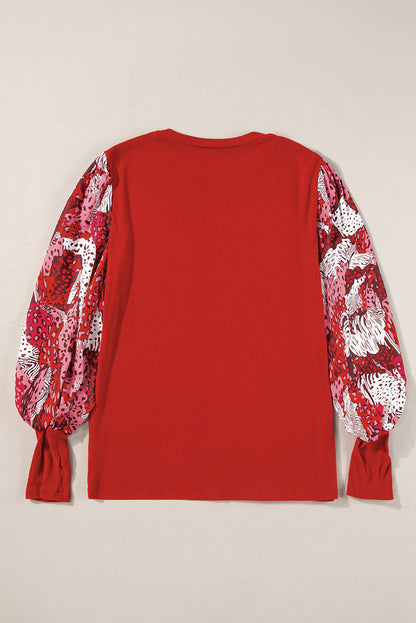 Vurig rood contrasterende gemengde dierenprint patchwork top met lantaarnmouwen