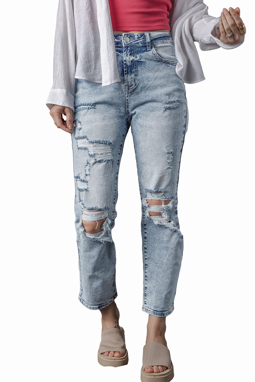 Hemelsblauwe, lichte wassing, gerafelde slim-fit jeans met hoge taille