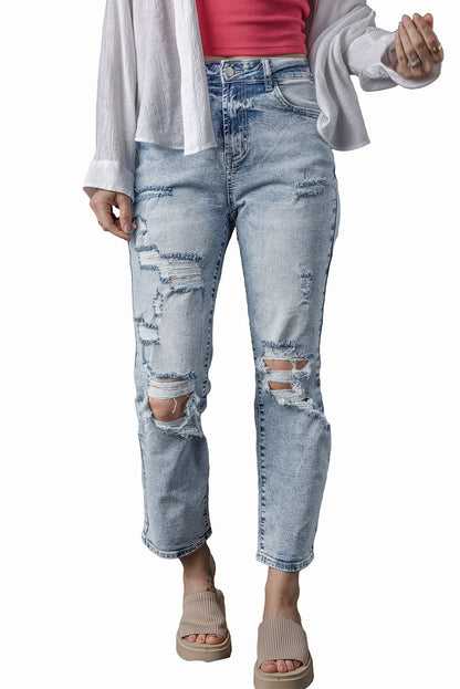 Hemelsblauwe, lichte wassing, gerafelde slim-fit jeans met hoge taille