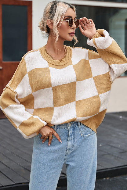 Khaki Checkered Bishop Sleeve Sweater