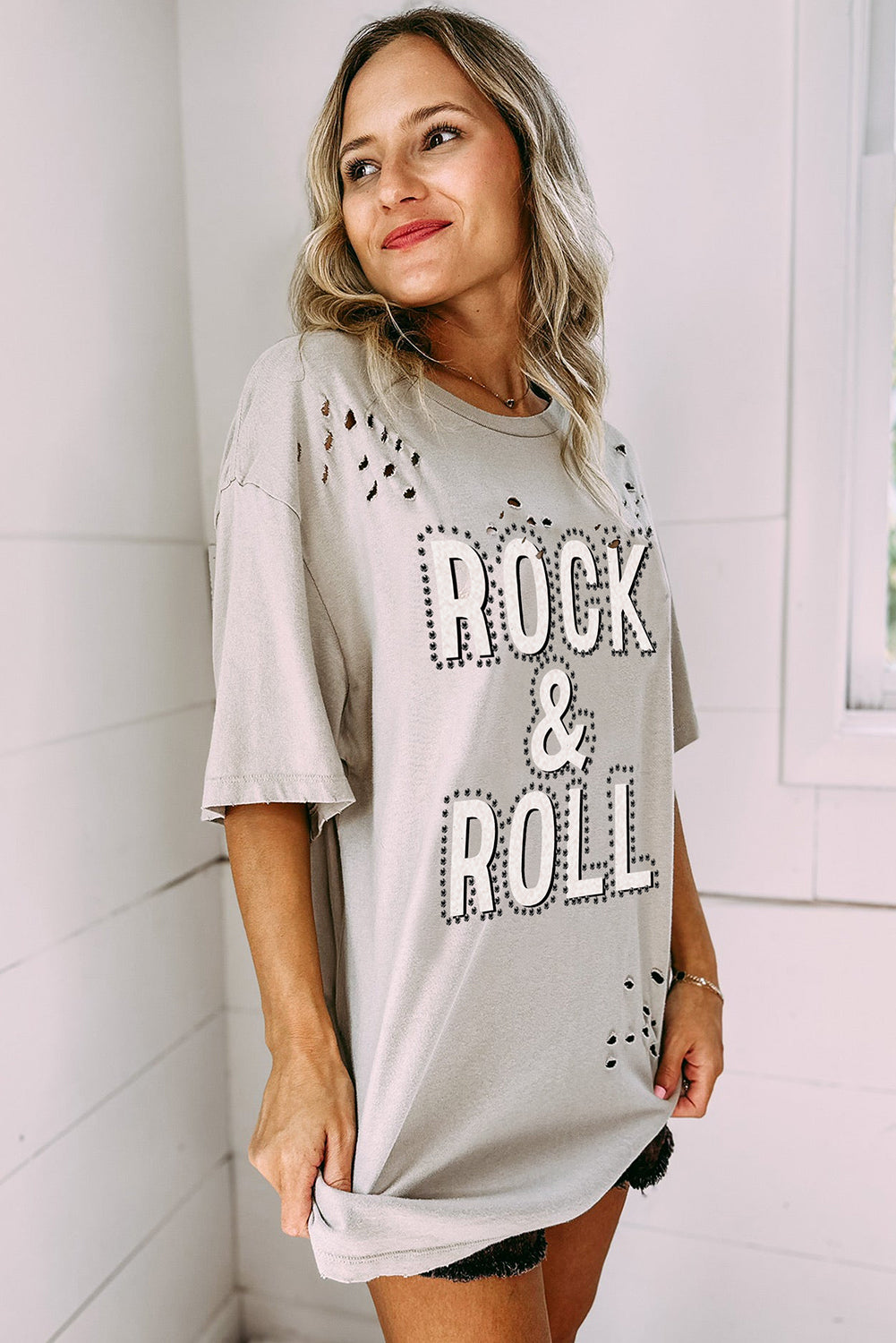 Grijs Rock &amp; Roll grafisch noodlijdend vintage T-shirt