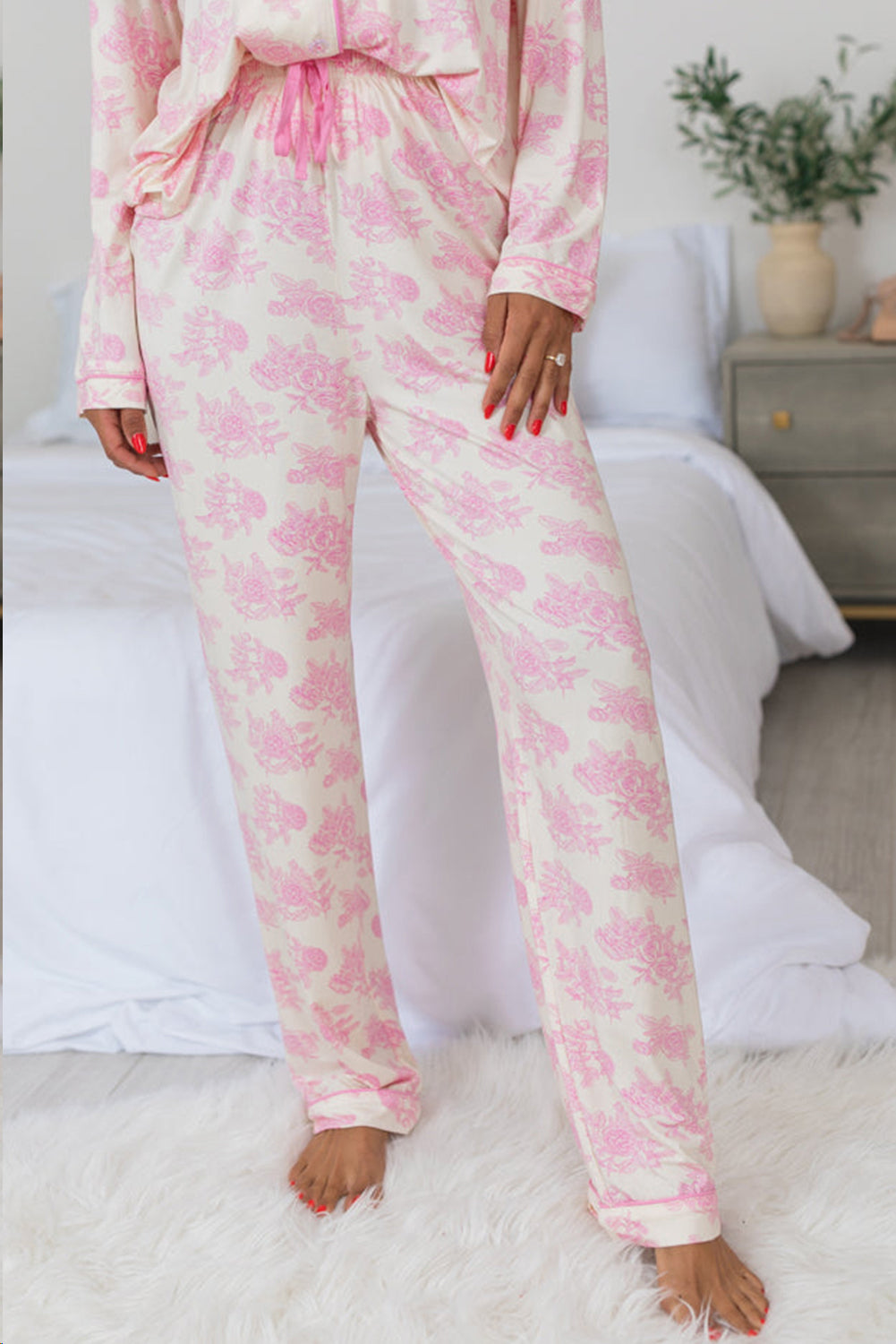 Roze bloemen lange mouw en broek pyjama's set