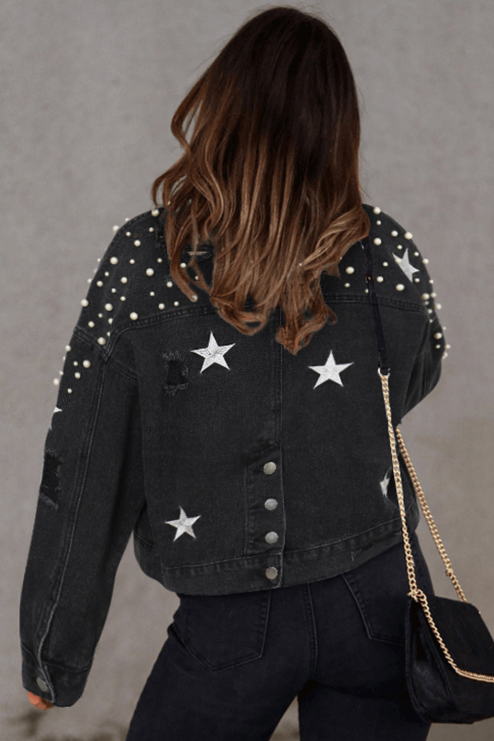 Zwart Distressed Pearls Star cropped spijkerjack