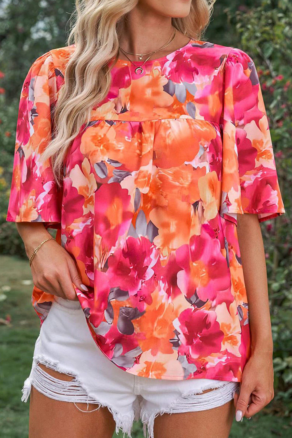 Vurige rode blouse met bloemenprint en wijde mouwen