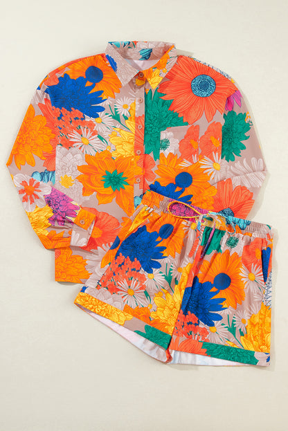 Oranje bloemenprint shirt tweedelige set met trekkoord shorts