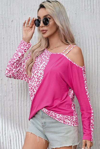 Rose Contrast Leopard Asymmetric Cold Shoulder Crossed Hem Top