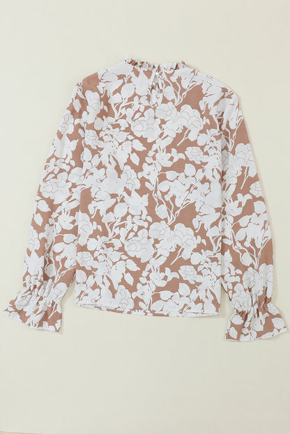 Licht Frans beige bloemenprint blouse met ruches aan de halslijn en volantmouwen