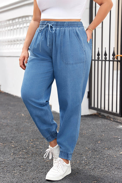 Schemering blauw taille taille pocket plus size denim joggers