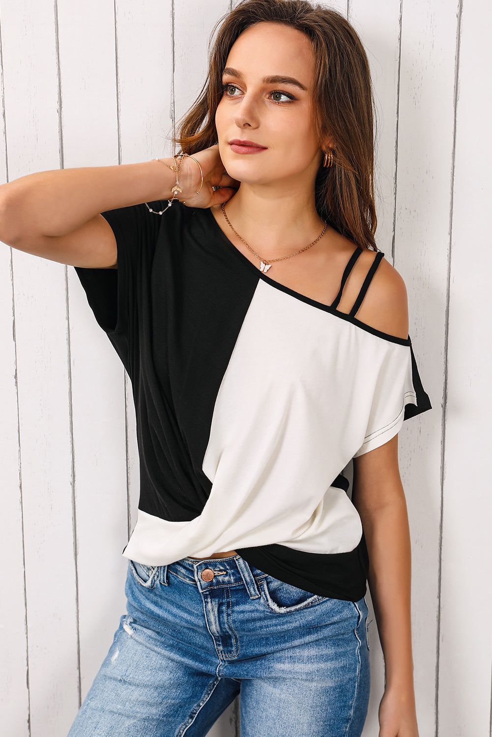 Black Asymmetric Colorblock Strappy Cold Shoulder Twist Hem Top