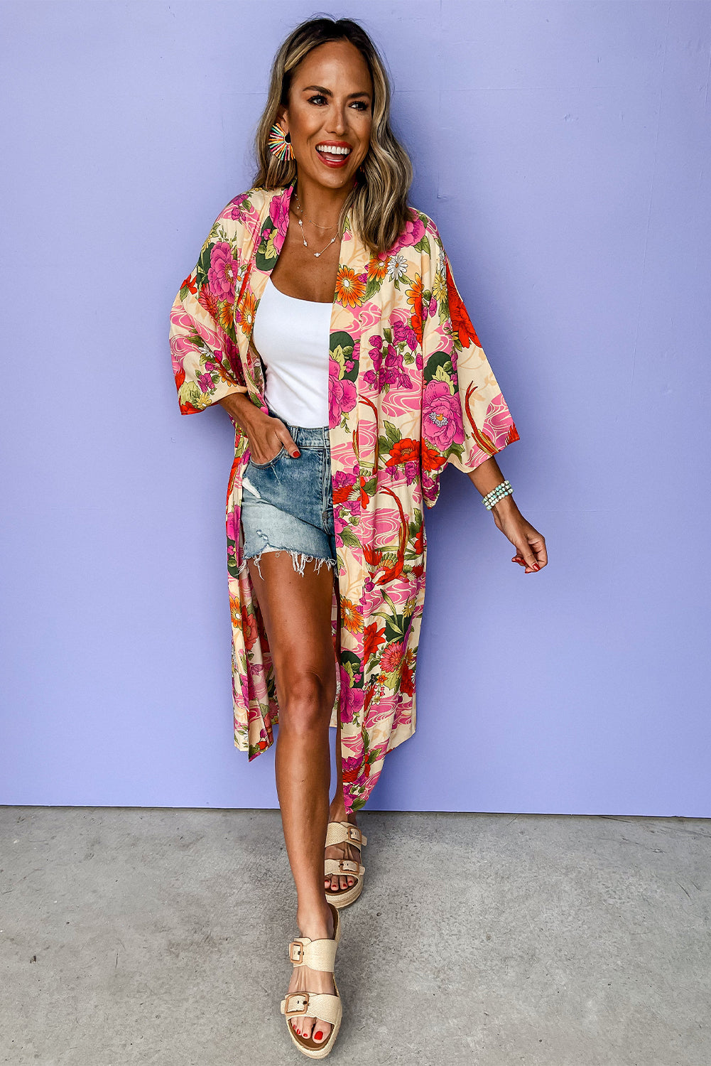 Roze bloemen allover print open voorkant riem duster kimono