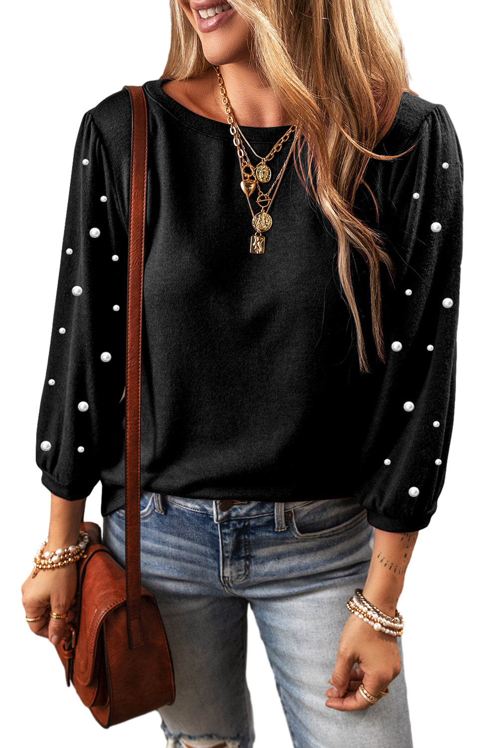 Black Pearl Decor 3/4 Sleeve Crew Neck T Shirt