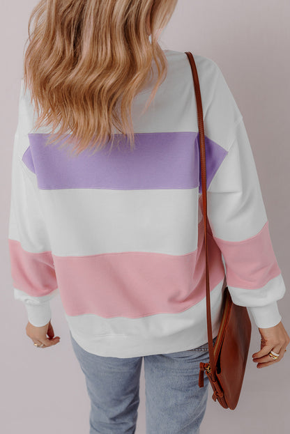 Beige Colorblock Patchwork Drop Shoulder Crewneck Sweatshirt