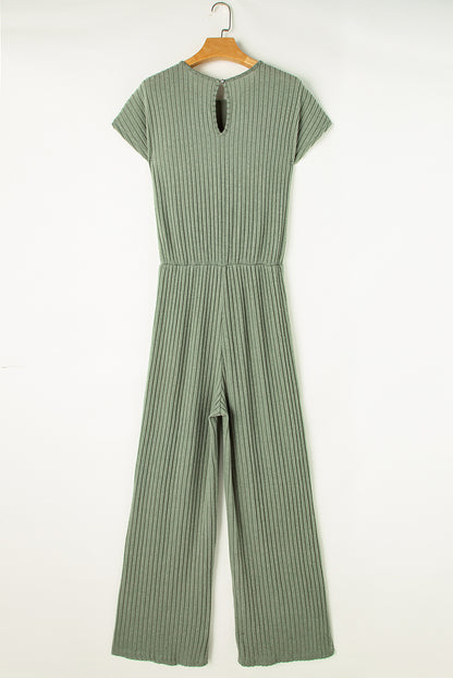 Grass Green Solid Color Ribbed Short Sleeve Wide Leg Jumpsuit