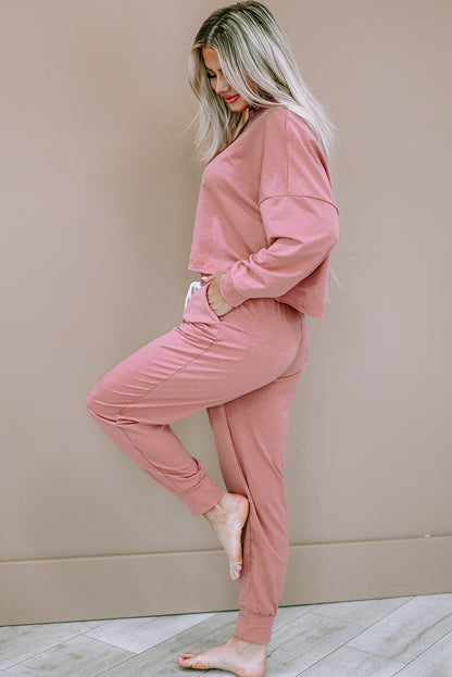 Roze effen sport-boxy-fit trui- en broekoutfit