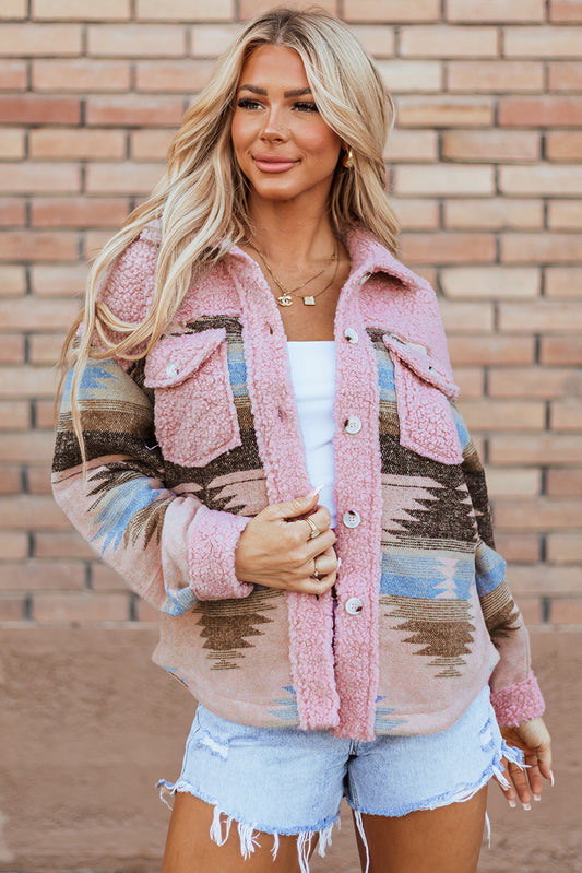 Roze Western Aztec Print Sherpa Splicing Geknoopte Jas met Klepzakken