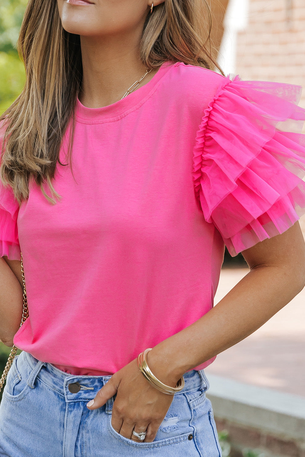 Roze tule blouse met ruches aan de mouwen