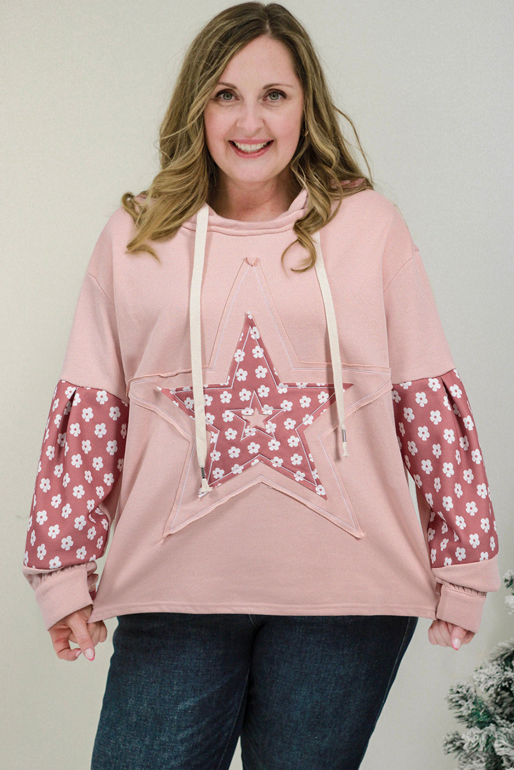 Delicaty Star Patch grafische bloemenkleurblok Drawstring plus size hoodie