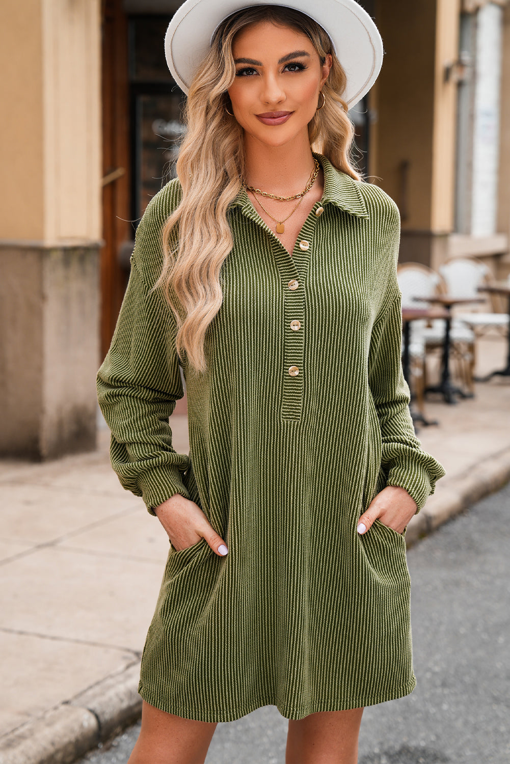 Mos groene snoer knoppen placket druppel schouder collared shift jurk