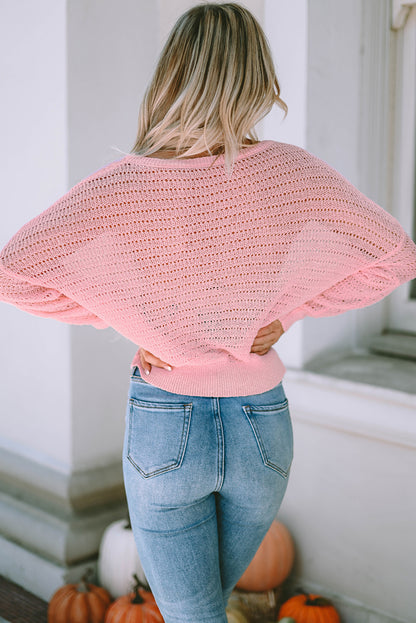 Pink Knitted Eyelets Round Neck Long Sleeve Top