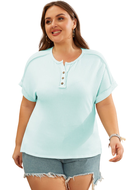 Ijsland blauw plus size getextureerde Henley T-shirt