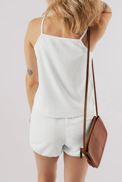 Witte wafelgebreide cami- en shortset met spaghettibandjes