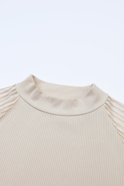 Apricot Striped Mesh Long Sleeve Crewneck Ribbed Top