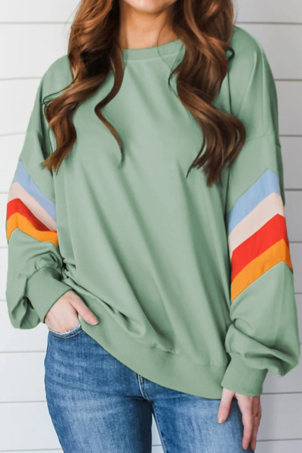 Moonlight Jade Regenboog Gestreepte Mouw Ronde Hals Losse Sweatshirt