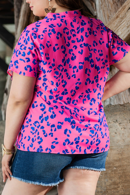 Roze contrasterende luipaardprint plus maat blouse met V-hals