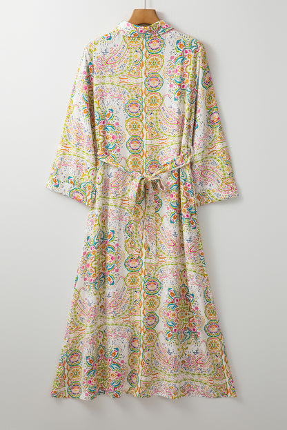 Witte Paisley Print Geknoopte Geknoopte Hoge Taille Midi-jurk