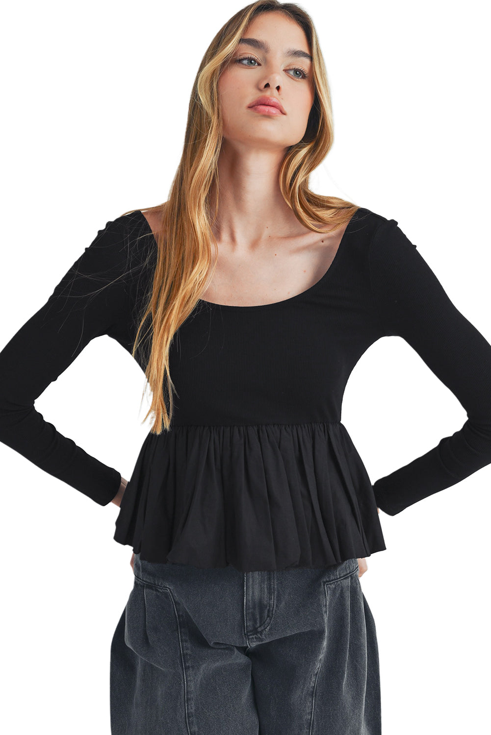 Black geribbeld gebreide schep met lange mouwen Peplum patchwork top